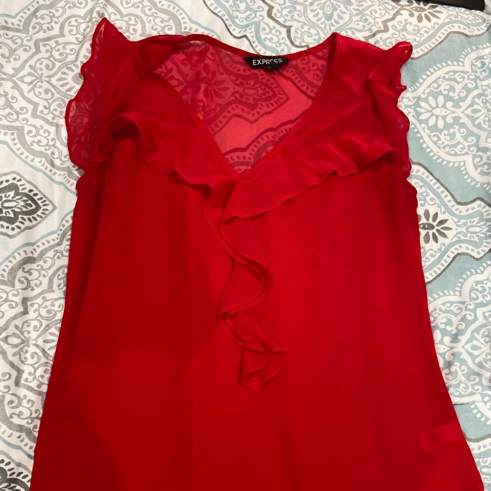 Express red ruffle front top